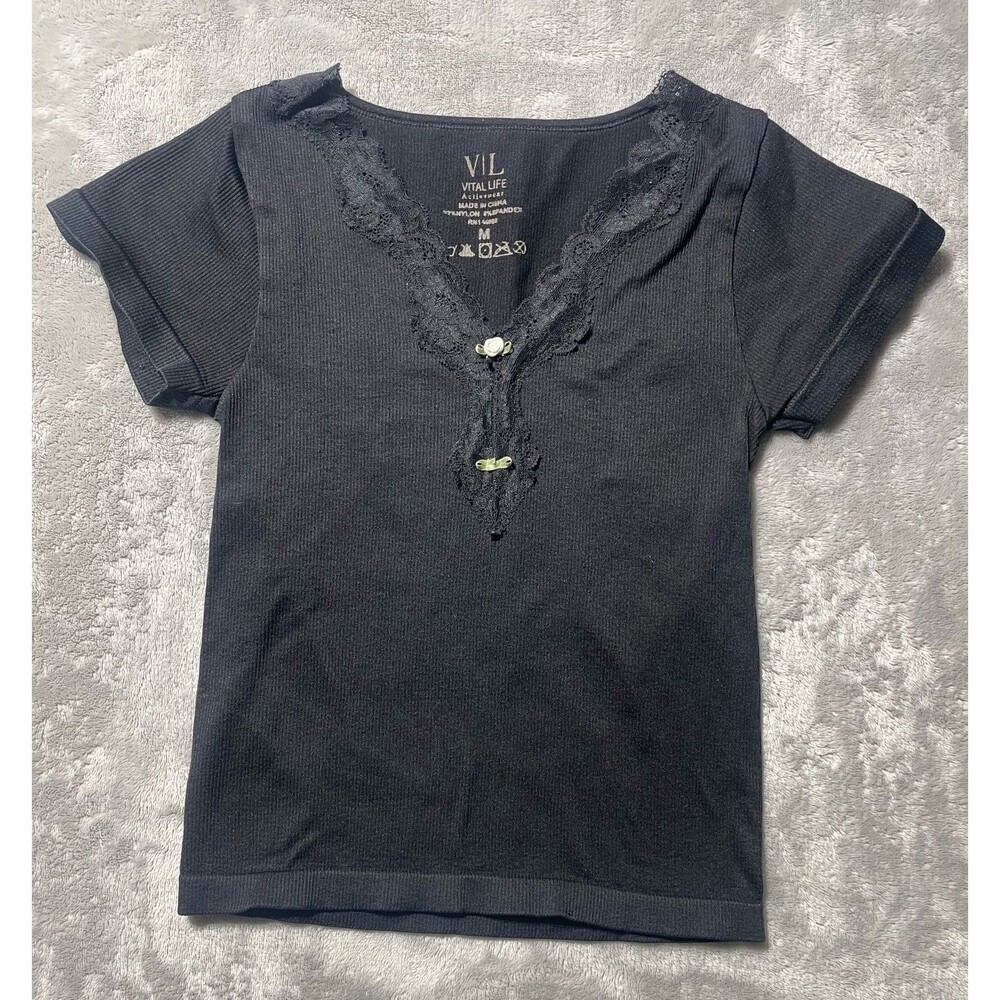 Vital Life Women’s Juniors Crop Top Lace Flower Accent Size Medium Black